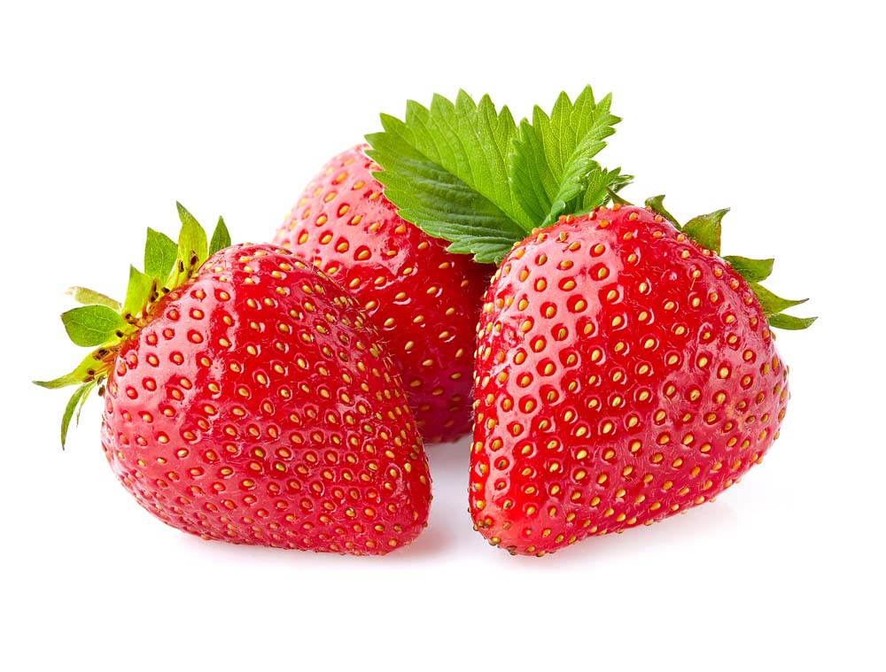 three strawberries on a white background